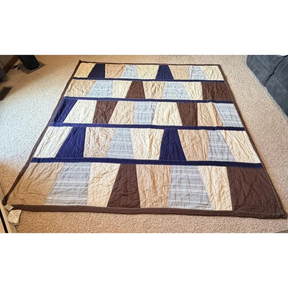 Pottery Barn Kids Jackson Pieced  Quilt Full Sz Vintage 2008 Boy Blue Tan Brown